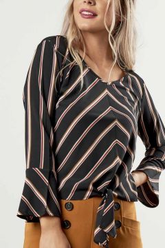 Flared Sleeve Waist Tie Stripe Top